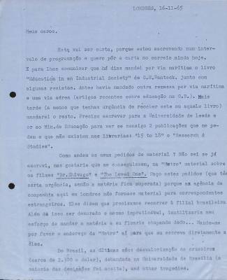 Carta de Vladimir Herzog para Tamás Szmrecsànyi, 16 nov. 1965
