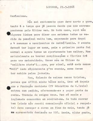 Carta de Vladimir Herzog para Tamás Szmrecsányi, 21 mar. 1968