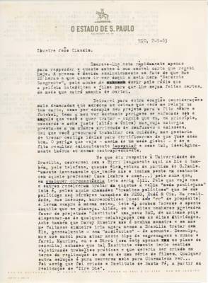 Carta de Vladimir Herzog para Jean-Claude Bernardet, 2 maio 1963