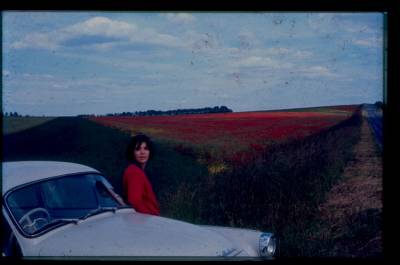 [Clarice Herzog ao lado do carro, com campo de flores vermelhas ao fundo]